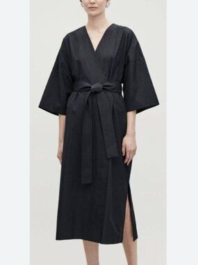 COS Kimono Dress Wrap Belted Waist Tie Midi Navy Black Cotton Side Slit Sz Small